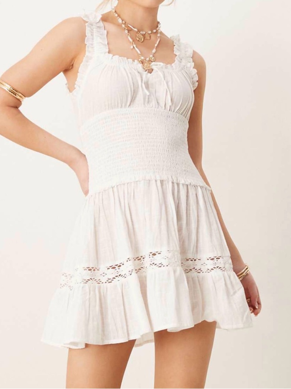 White Ruffle Smocked Waist Mini Dress